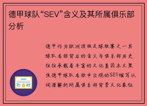 德甲球队“SEV”含义及其所属俱乐部分析